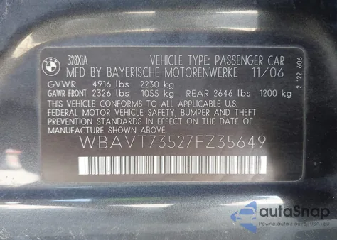 2007 BMW 328Xi z USA, uszkodzony, nr VIN WBAVT73527FZ35649